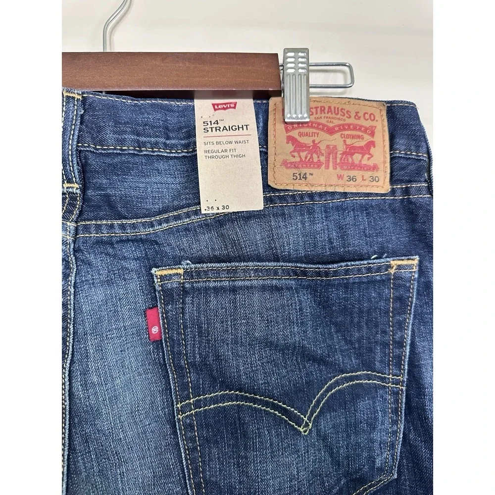 NWT Levis 514 36x30 Straight Fit Jeans Stretch Jeans Color Medium Dark Wash Blue